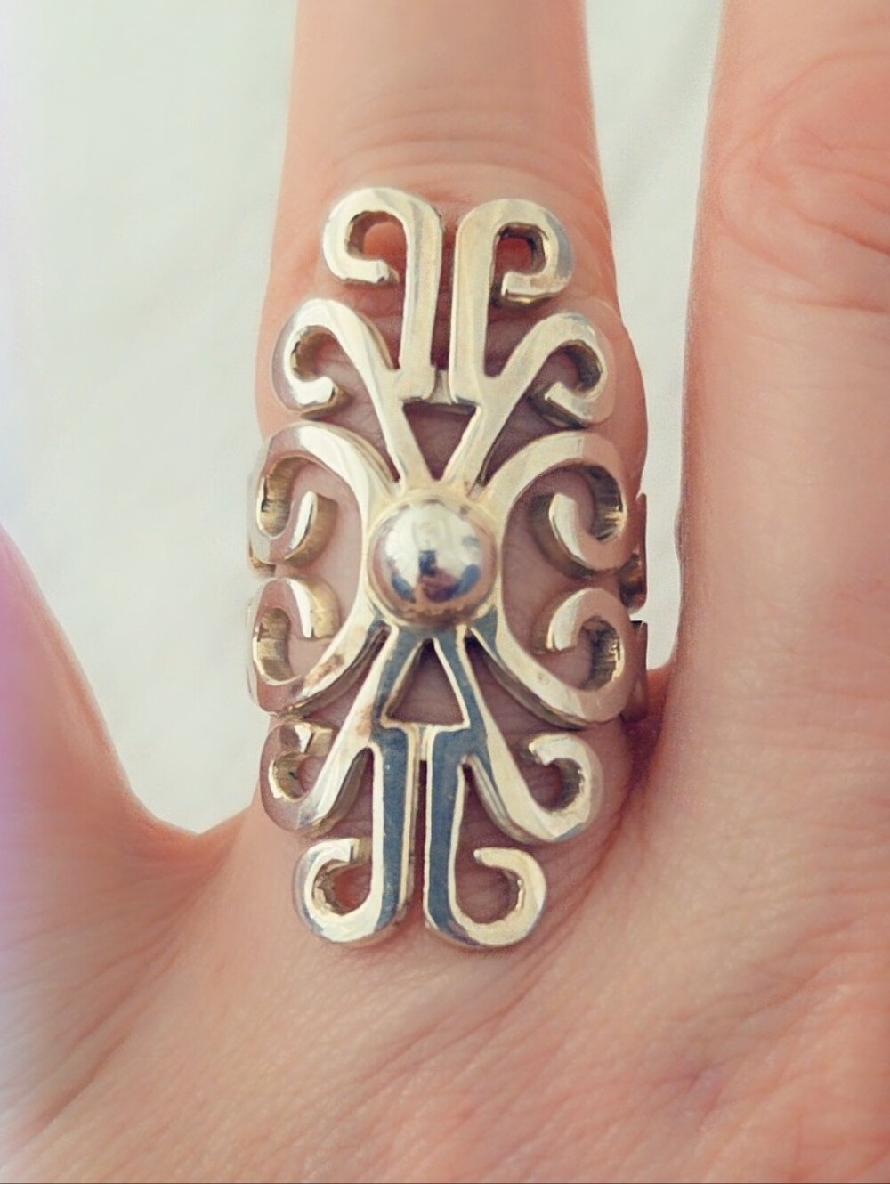 Estate Elongated Scrollwork Ring Sterling Silver 925